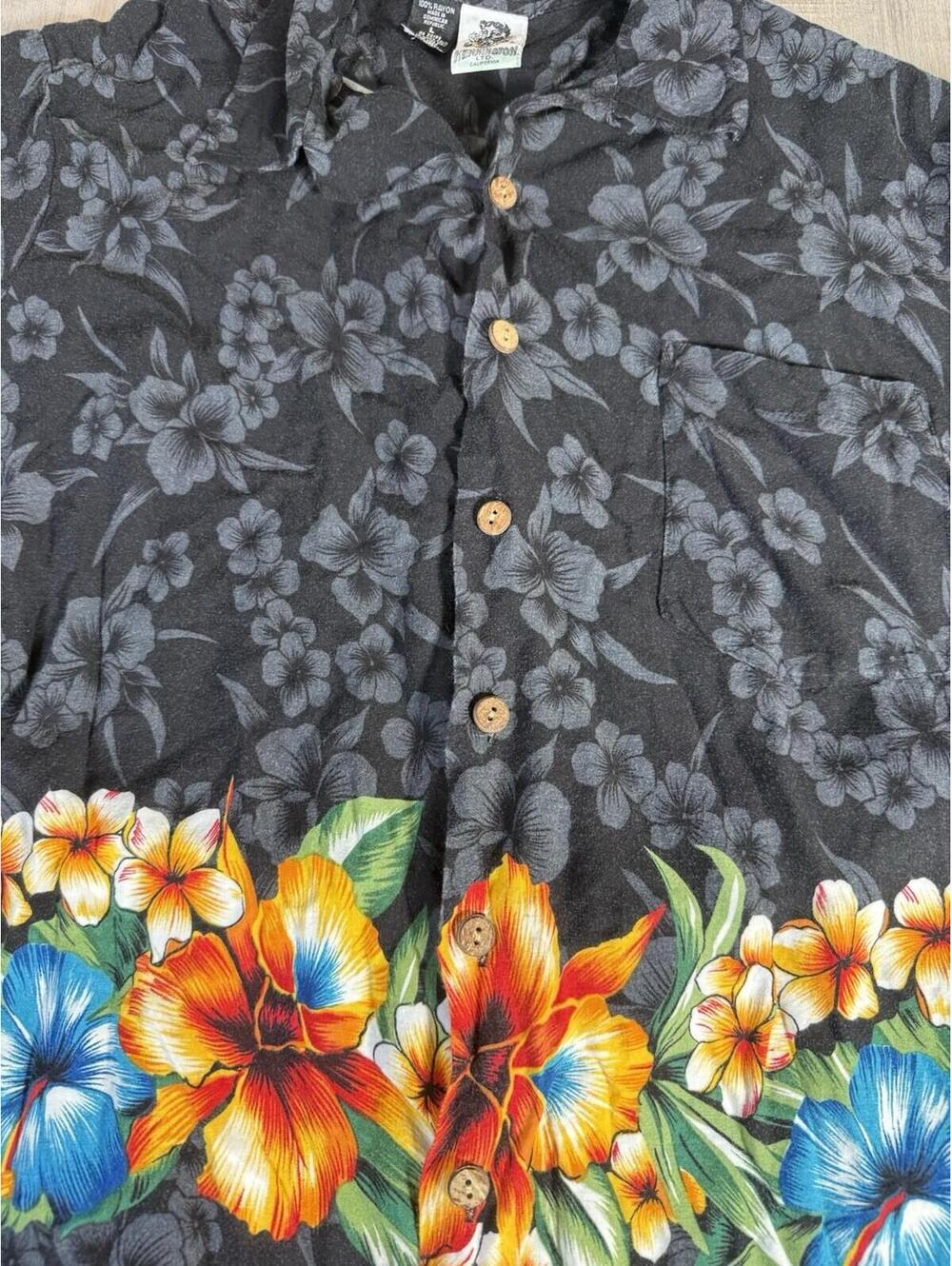 Vintage Kennington Cali Mens Large Floral Hawaiian Shirt Wood Button Aloha Rayon - Picture 6 of 9